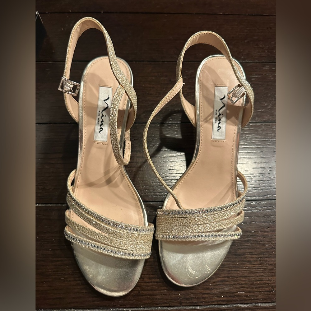 Nina Shimmering Gold Strappy Heels size 7